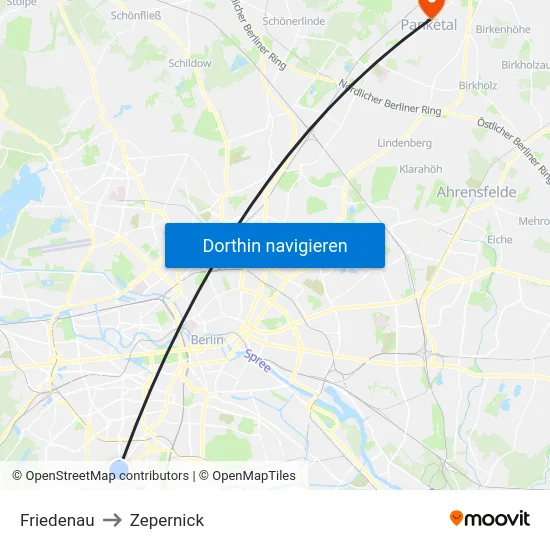 Friedenau to Zepernick map
