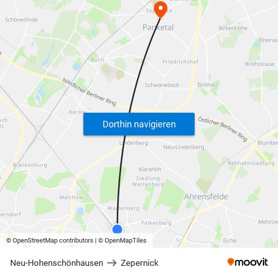 Neu-Hohenschönhausen to Zepernick map