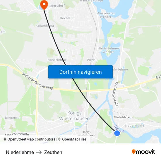 Niederlehme to Zeuthen map