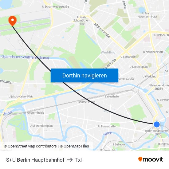 S+U Berlin Hauptbahnhof to Txl map