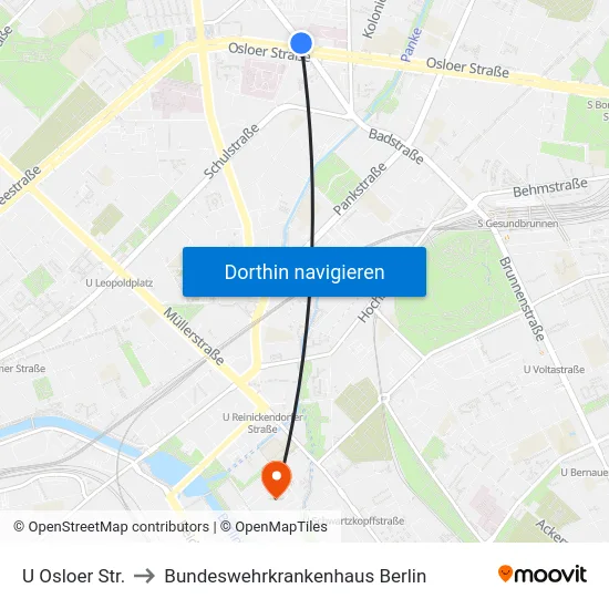 U Osloer Str. to Bundeswehrkrankenhaus Berlin map