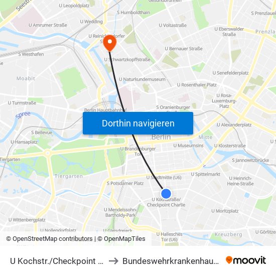 U Kochstr./Checkpoint Charlie to Bundeswehrkrankenhaus Berlin map