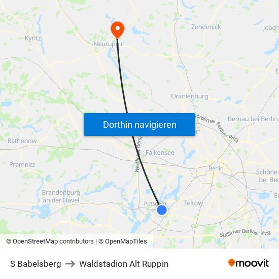 S Babelsberg to Waldstadion Alt Ruppin map