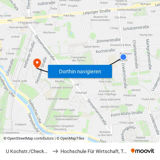 U Kochstr./Checkpoint Charlie to Hochschule Für Wirtschaft, Technik Und Kultur map