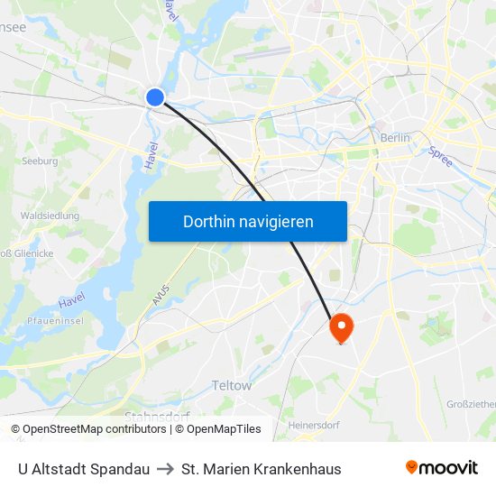 U Altstadt Spandau to St. Marien Krankenhaus map