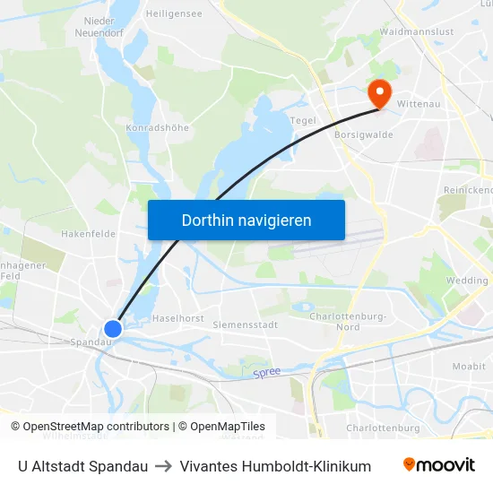 U Altstadt Spandau to Vivantes Humboldt-Klinikum map