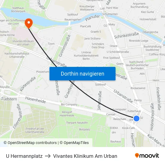 U Hermannplatz to Vivantes Klinikum Am Urban map