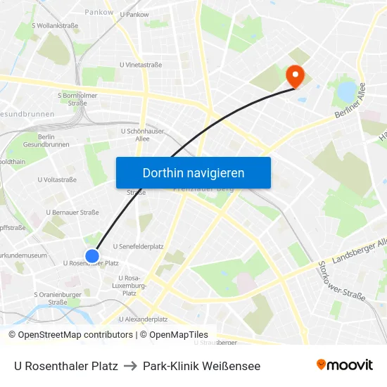 U Rosenthaler Platz to Park-Klinik Weißensee map