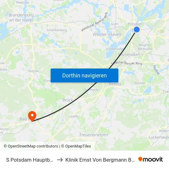 S Potsdam Hauptbahnhof to Klinik Ernst Von Bergmann Bad Belzig map