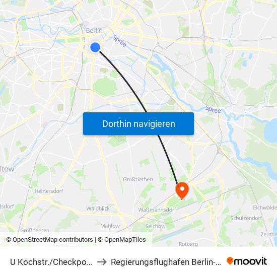 U Kochstr./Checkpoint Charlie to Regierungsflughafen Berlin-Brandenburg map