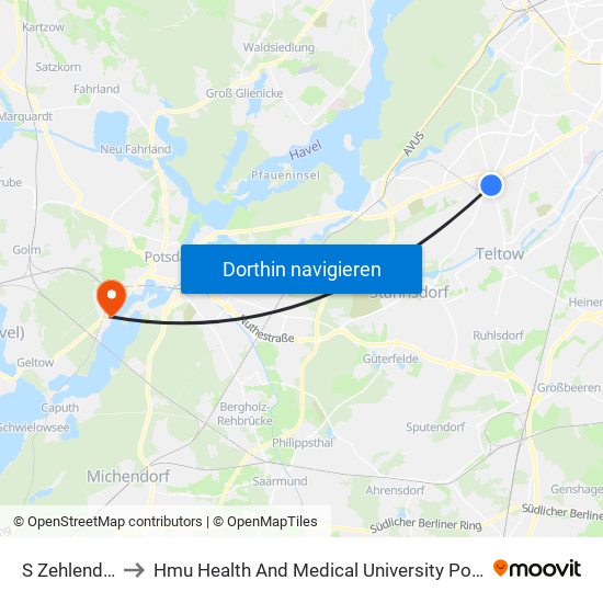 S Zehlendorf to Hmu Health And Medical University Potsdam map