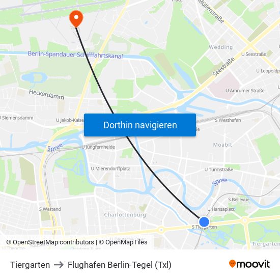 Tiergarten to Flughafen Berlin-Tegel (Txl) map