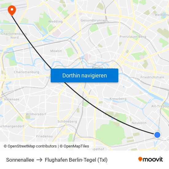 Sonnenallee to Flughafen Berlin-Tegel (Txl) map