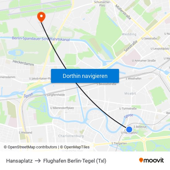 Hansaplatz to Flughafen Berlin-Tegel (Txl) map