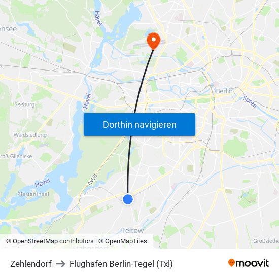 Zehlendorf to Flughafen Berlin-Tegel (Txl) map