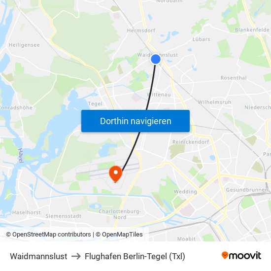 Waidmannslust to Flughafen Berlin-Tegel (Txl) map