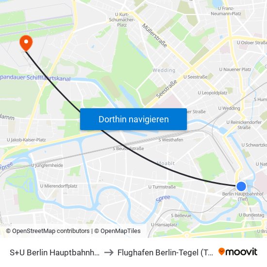S+U Berlin Hauptbahnhof to Flughafen Berlin-Tegel (Txl) map