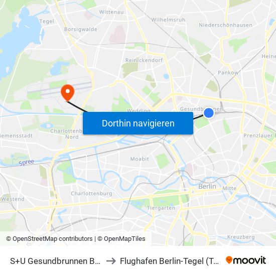 S+U Gesundbrunnen Bhf to Flughafen Berlin-Tegel (Txl) map
