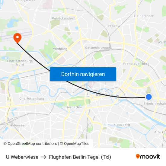 U Weberwiese to Flughafen Berlin-Tegel (Txl) map