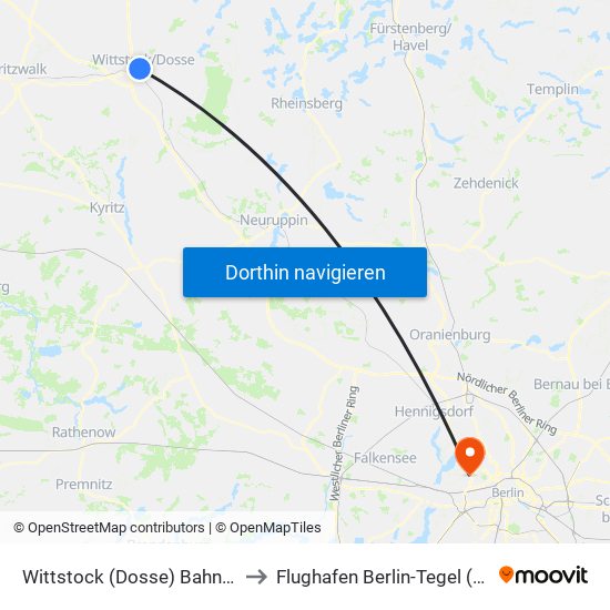 Wittstock (Dosse) Bahnhof to Flughafen Berlin-Tegel (Txl) map