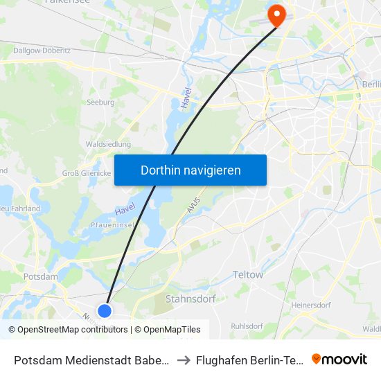 Potsdam Medienstadt Babelsberg Bhf to Flughafen Berlin-Tegel (Txl) map