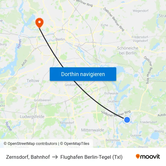 Zernsdorf, Bahnhof to Flughafen Berlin-Tegel (Txl) map