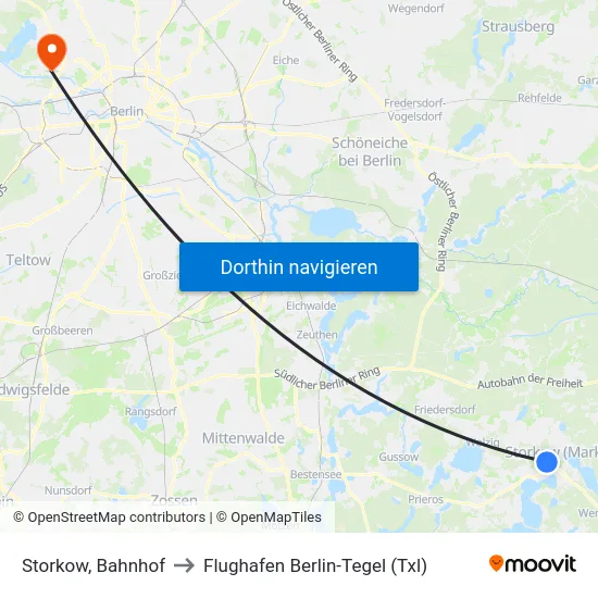 Storkow, Bahnhof to Flughafen Berlin-Tegel (Txl) map