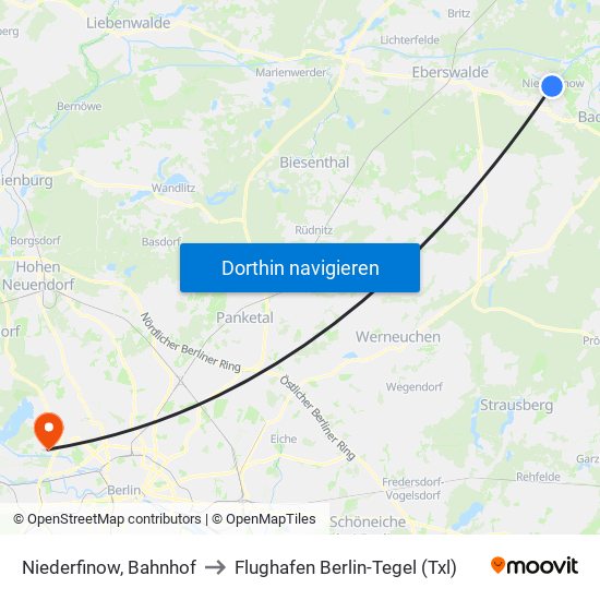 Niederfinow, Bahnhof to Flughafen Berlin-Tegel (Txl) map