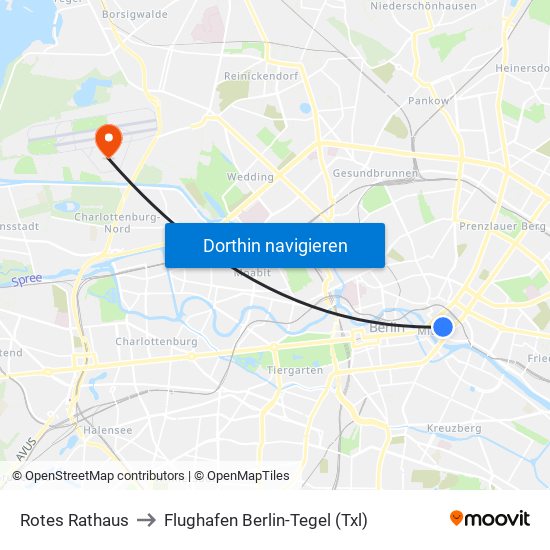 Rotes Rathaus to Flughafen Berlin-Tegel (Txl) map