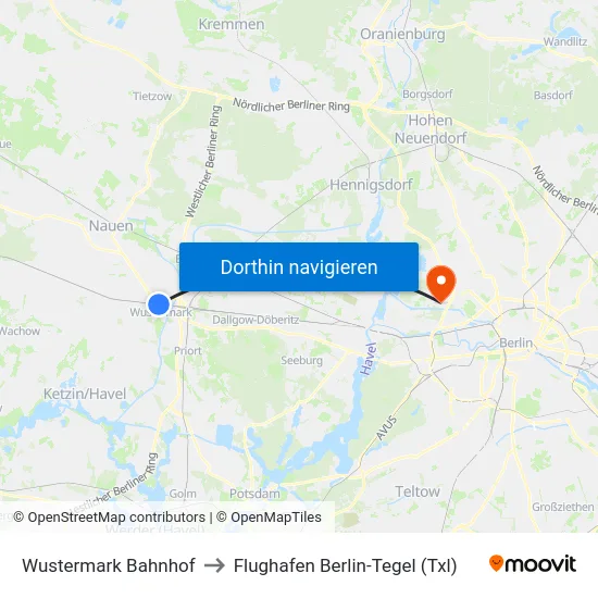 Wustermark Bahnhof to Flughafen Berlin-Tegel (Txl) map
