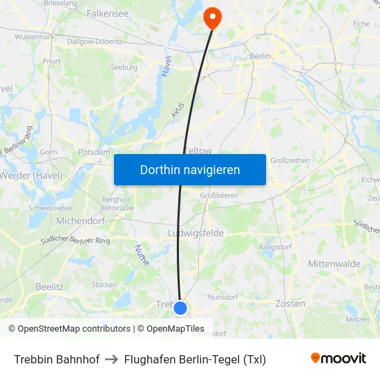 Trebbin Bahnhof to Flughafen Berlin-Tegel (Txl) map
