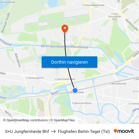 S+U Jungfernheide Bhf to Flughafen Berlin-Tegel (Txl) map