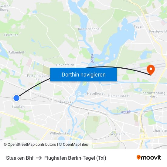 Staaken Bhf to Flughafen Berlin-Tegel (Txl) map