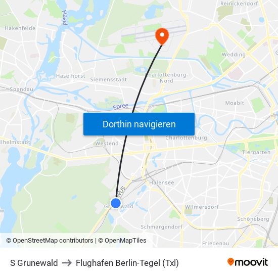 S Grunewald to Flughafen Berlin-Tegel (Txl) map