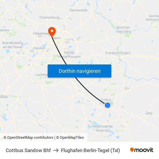 Cottbus Sandow Bhf to Flughafen Berlin-Tegel (Txl) map