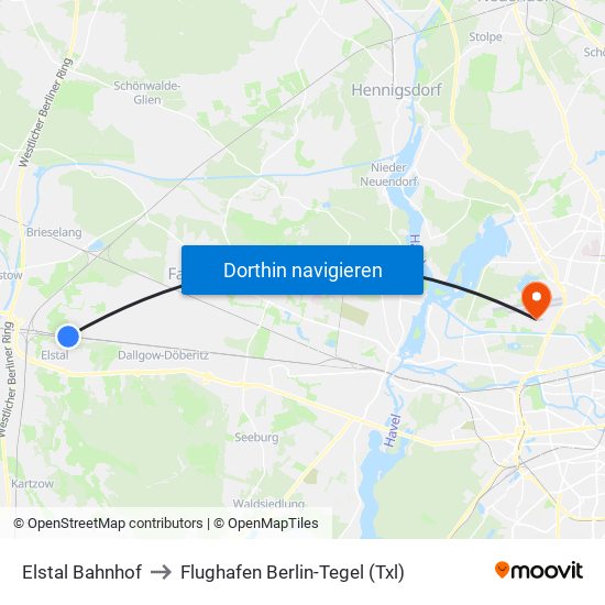 Elstal Bahnhof to Flughafen Berlin-Tegel (Txl) map