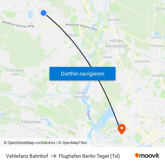 Vehlefanz Bahnhof to Flughafen Berlin-Tegel (Txl) map