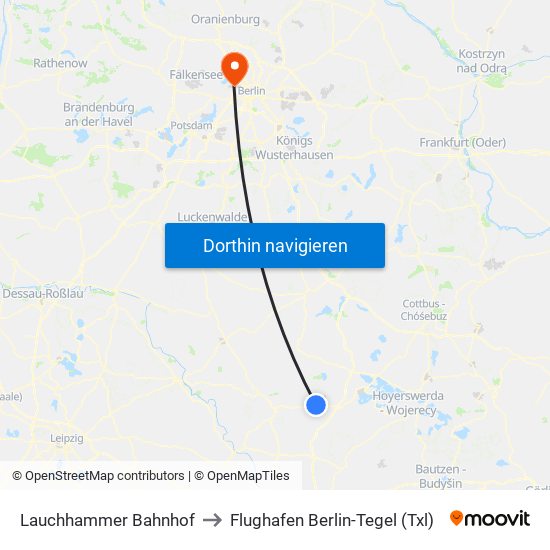 Lauchhammer Bahnhof to Flughafen Berlin-Tegel (Txl) map