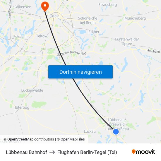 Lübbenau Bahnhof to Flughafen Berlin-Tegel (Txl) map