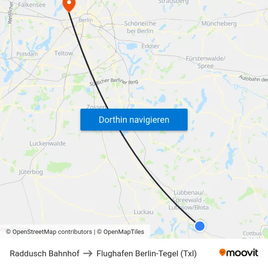 Raddusch Bahnhof to Flughafen Berlin-Tegel (Txl) map