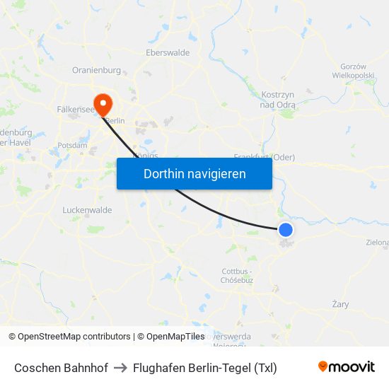 Coschen Bahnhof to Flughafen Berlin-Tegel (Txl) map