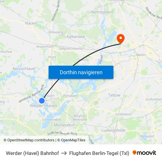Werder (Havel) Bahnhof to Flughafen Berlin-Tegel (Txl) map