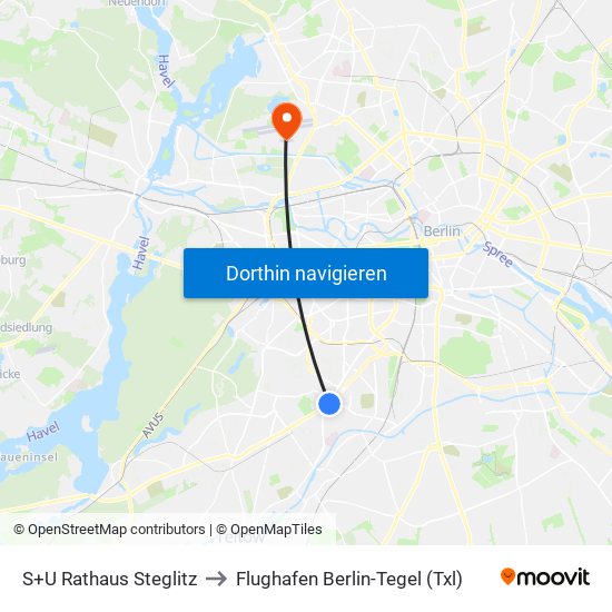 S+U Rathaus Steglitz to Flughafen Berlin-Tegel (Txl) map