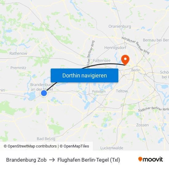 Brandenburg Zob to Flughafen Berlin-Tegel (Txl) map