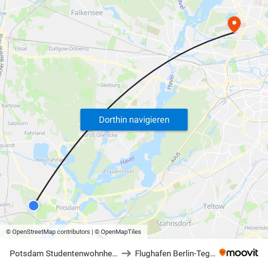 Potsdam Studentenwohnheim Eiche to Flughafen Berlin-Tegel (Txl) map