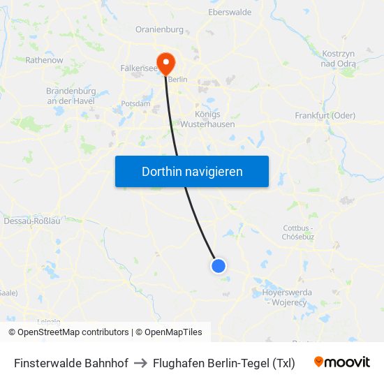 Finsterwalde Bahnhof to Flughafen Berlin-Tegel (Txl) map