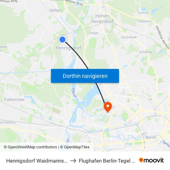 Hennigsdorf Waidmannsweg to Flughafen Berlin-Tegel (Txl) map