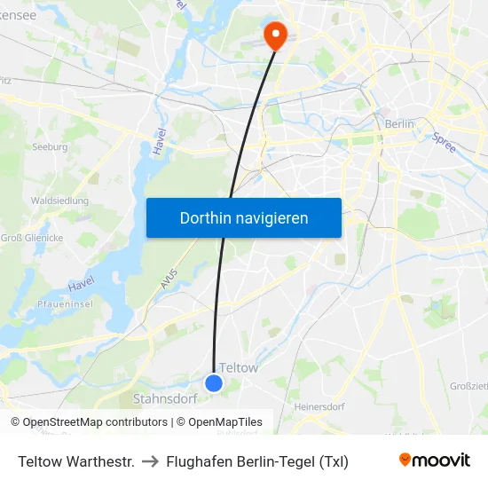 Teltow Warthestr. to Flughafen Berlin-Tegel (Txl) map
