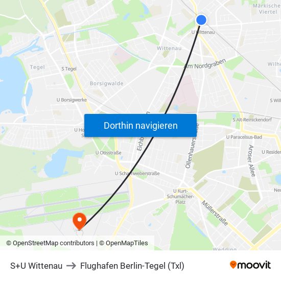 S+U Wittenau to Flughafen Berlin-Tegel (Txl) map