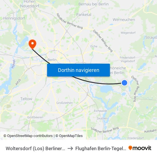 Woltersdorf (Los) Berliner Platz to Flughafen Berlin-Tegel (Txl) map